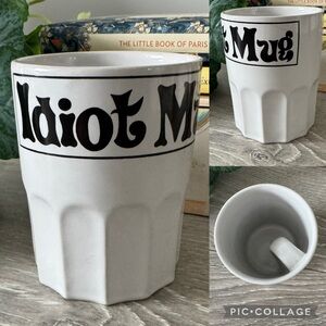 Vintage “Idiot Mug” Funny Novelty Coffee cup white black Gag Gift Handle Inside